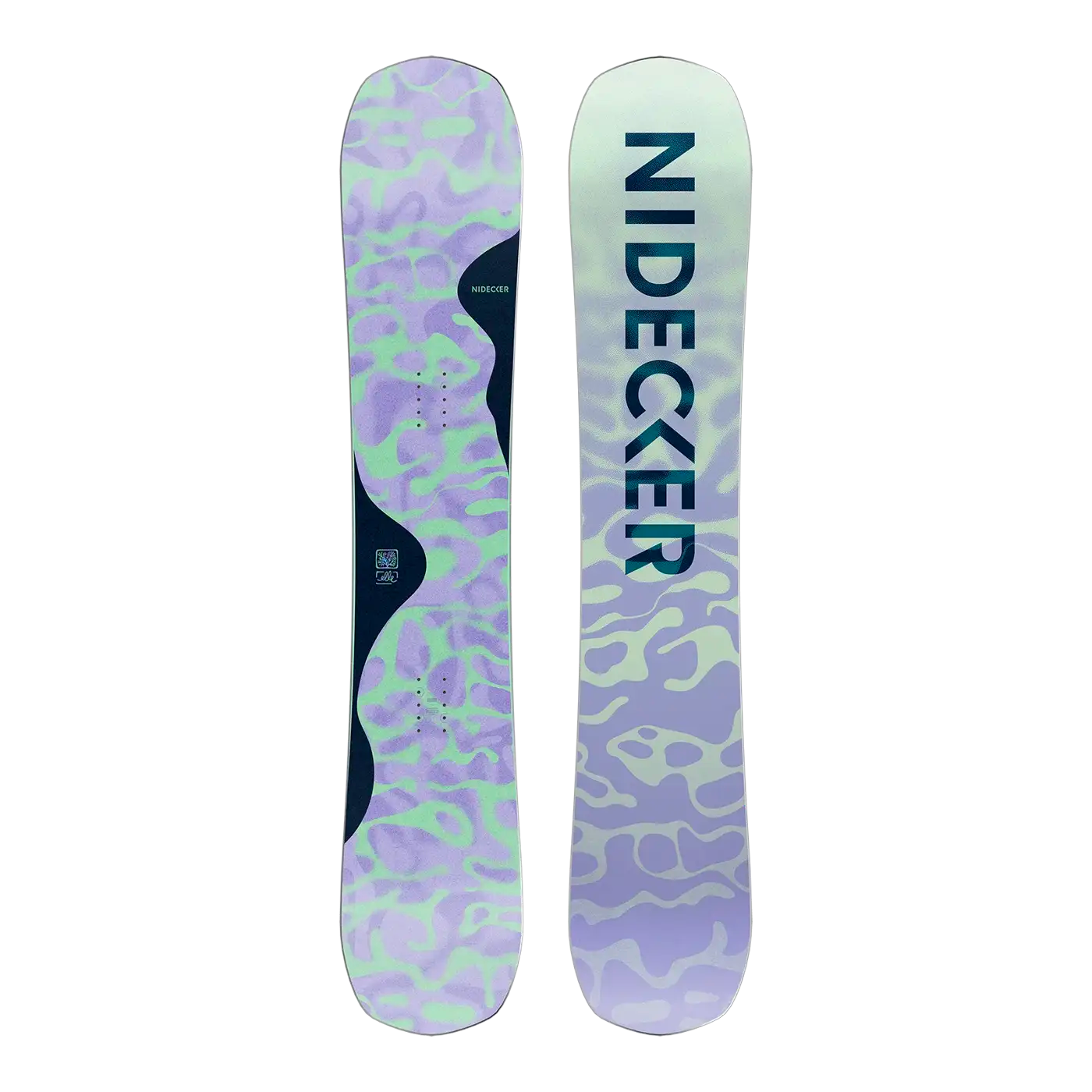Nidecker Elle lila-mintgroen, topsheet en base naast elkaar