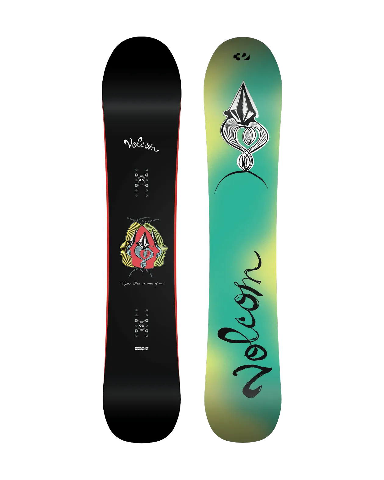 ThirtyTwo Volcom Cosm zwart-groen, topsheet en base naast elkaar