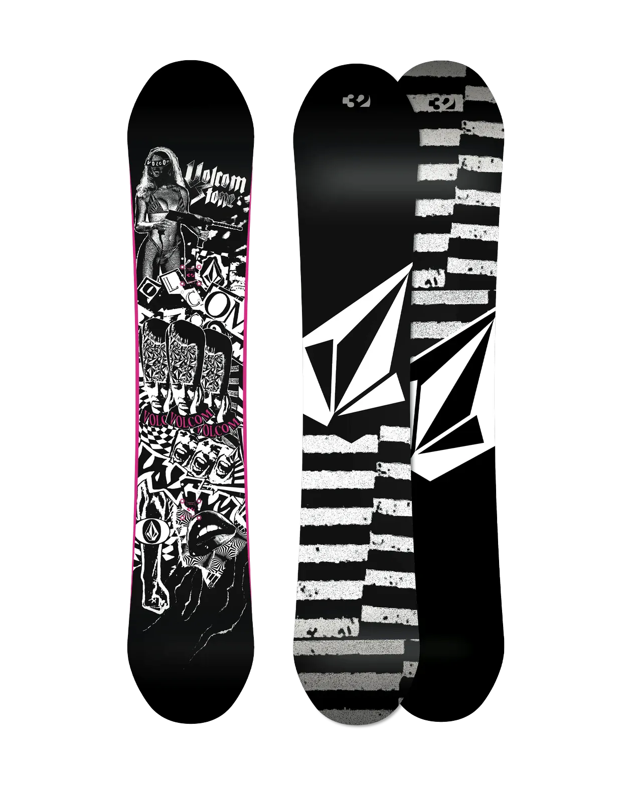 ThirtyTwo Volcom Creedler zwart-wit, topsheet en base naast elkaar