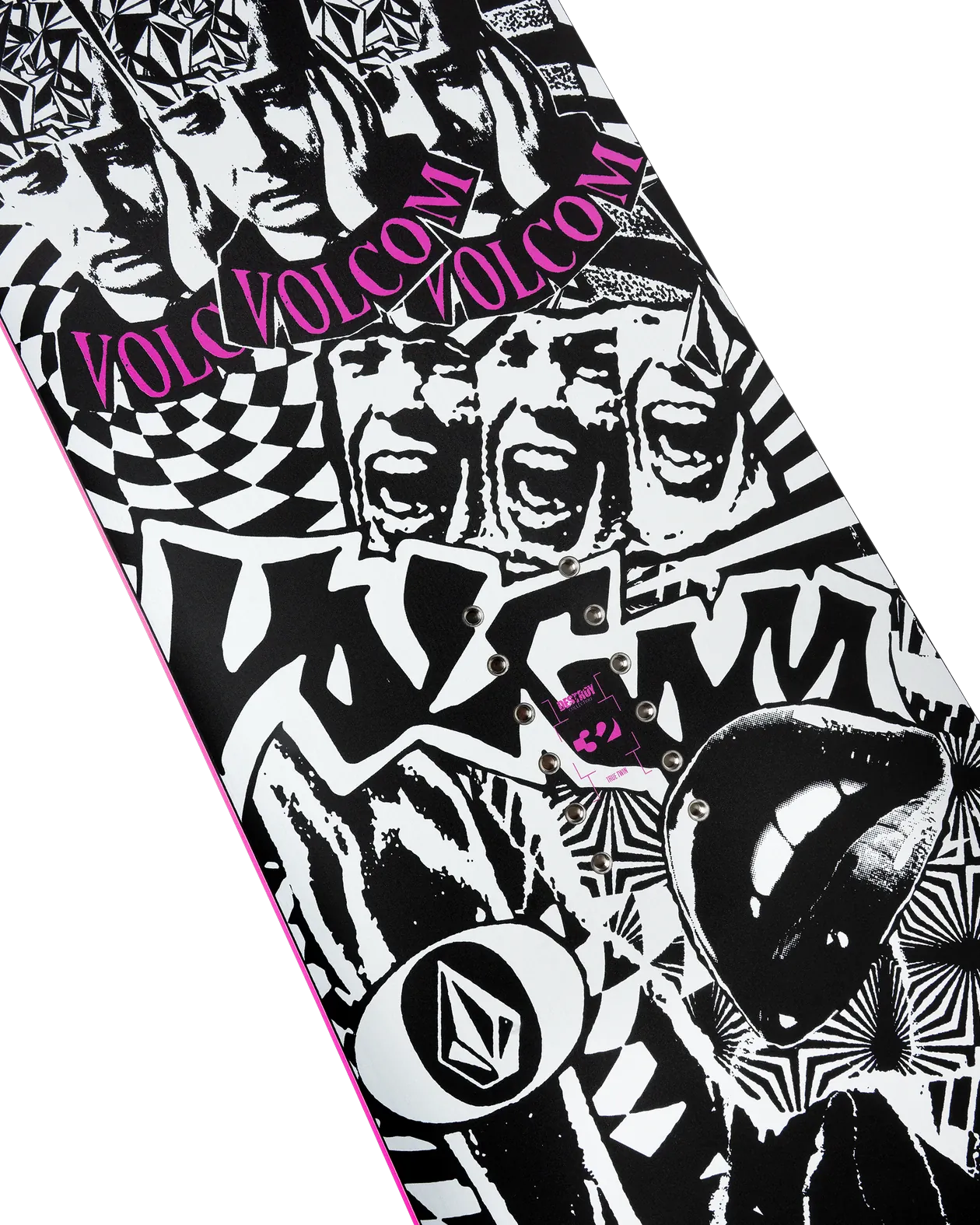 ThirtyTwo Volcom Creedler zwart-wit, detail topsheet met collageprint