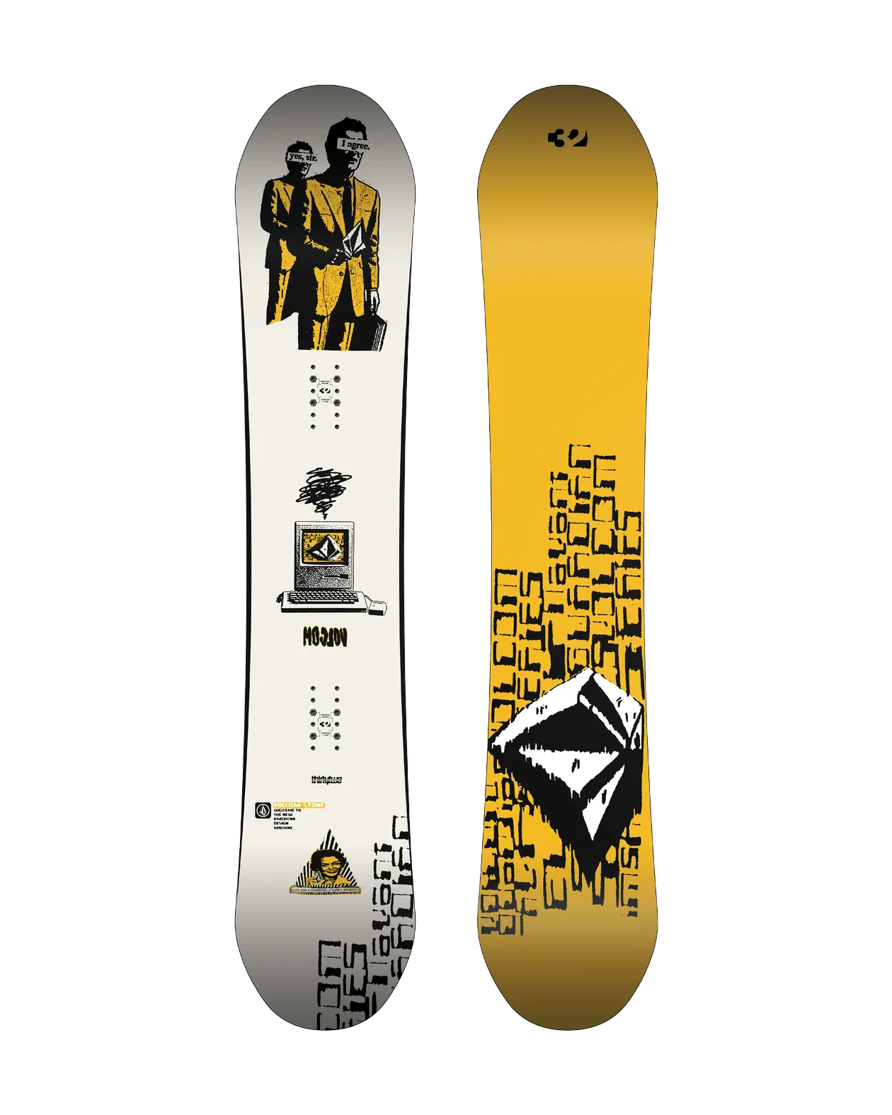 ThirtyTwo Volcom Moclov wit-geel, topsheet en base naast elkaar