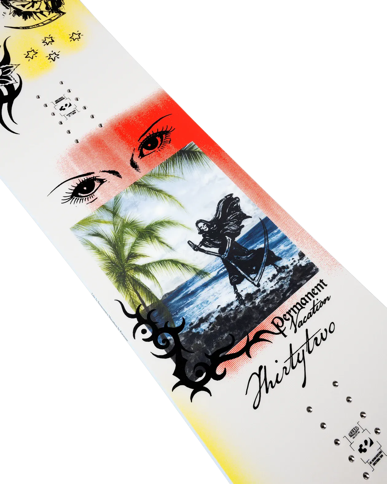 ThirtyTwo Permanent Vacation wit-blauw, detail topsheet met print