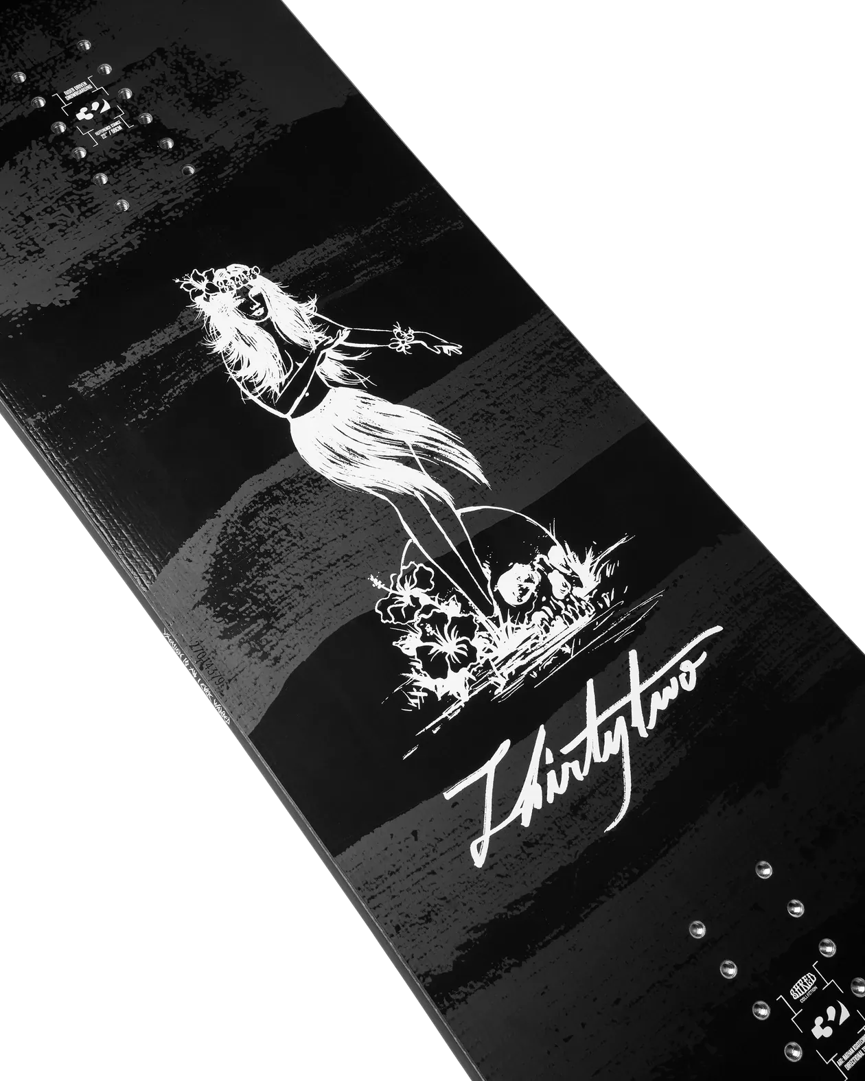 ThirtyTwo Permanent Vacation Carbon zwart-wit, detail topsheet met print en logo