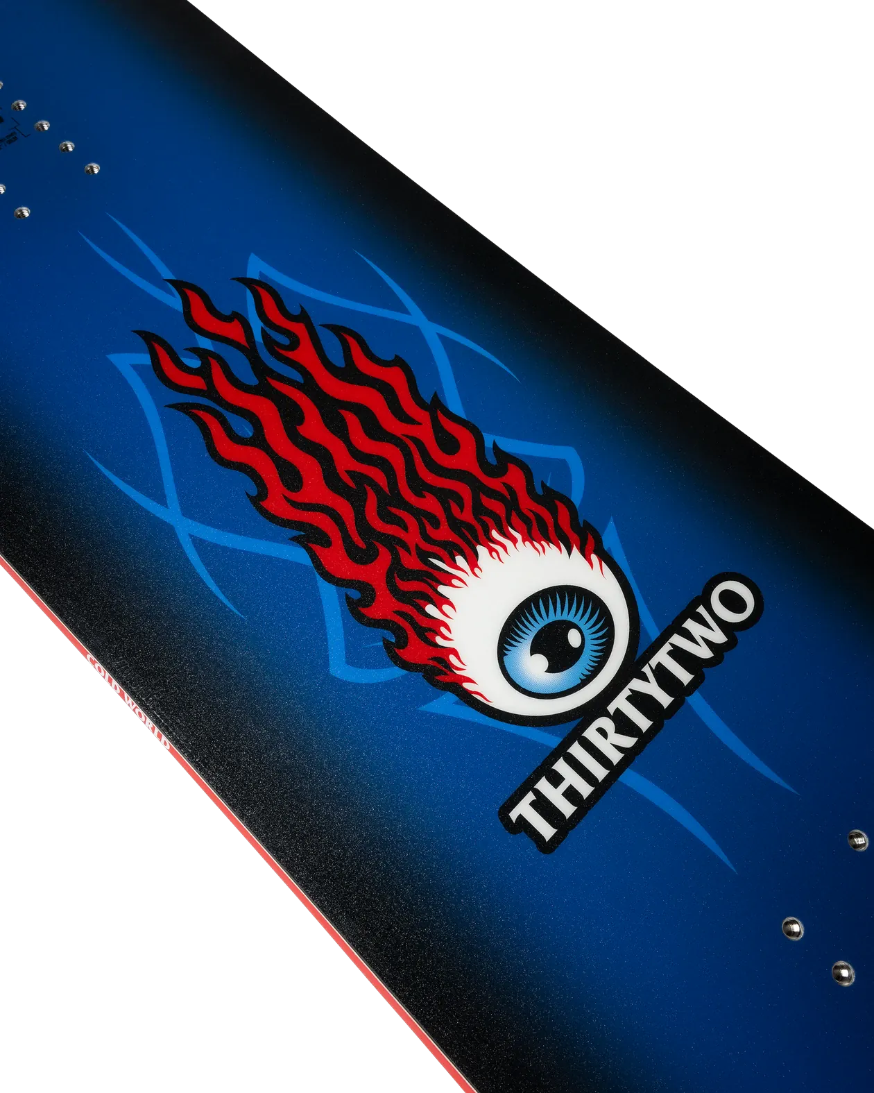 ThirtyTwo Cold World blauw-wit, detail topsheet met logo