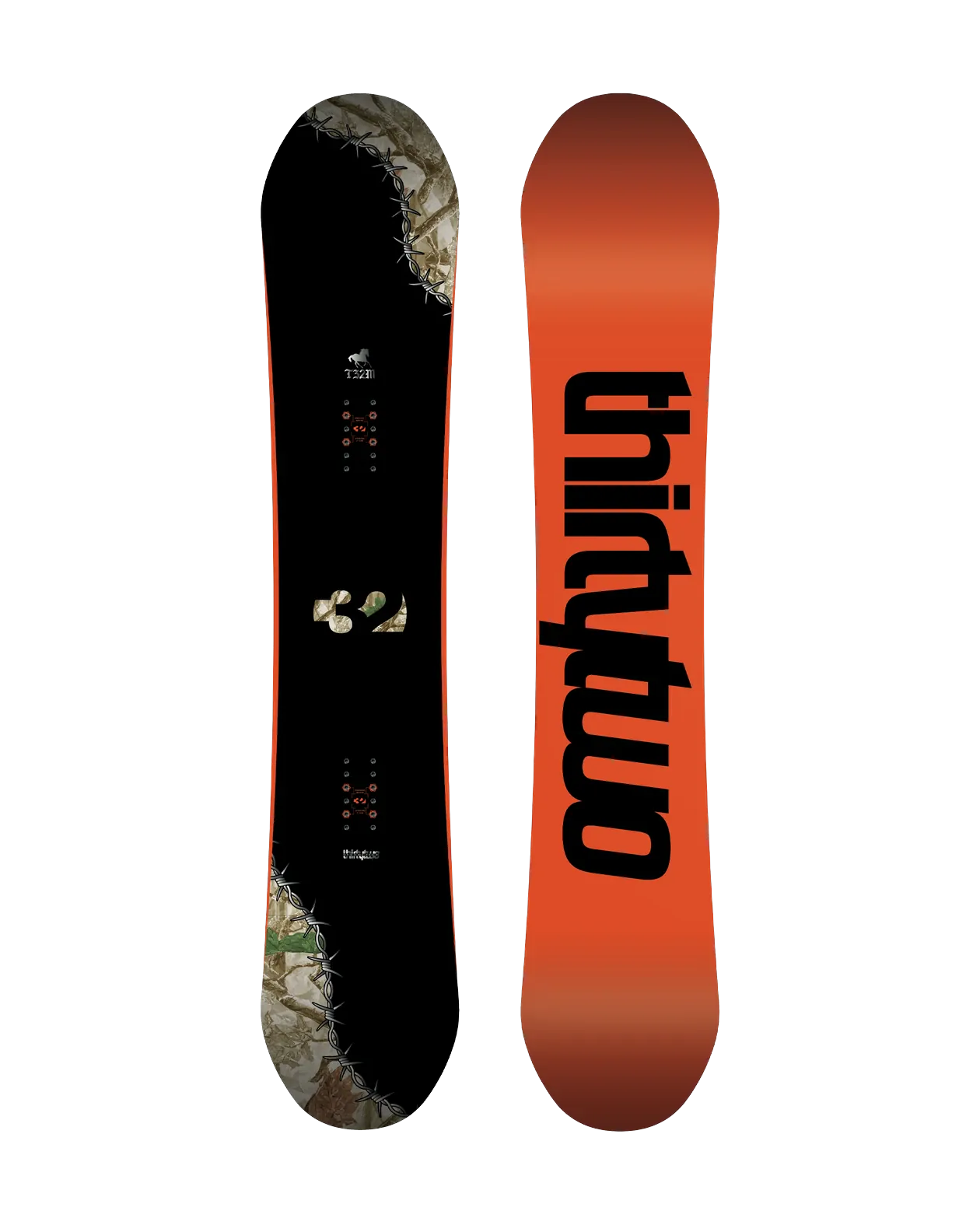 ThirtyTwo T32M Youth zwart-oranje, topsheet en base naast elkaar