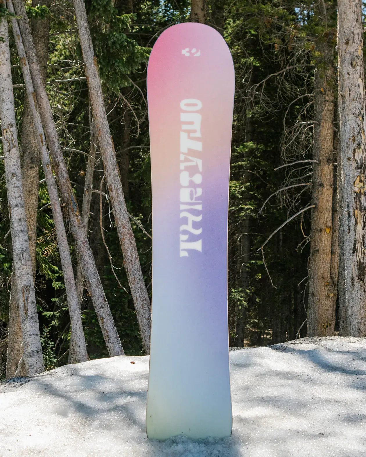 ThirtyTwo Reiki wit-roze, board rechtop in de sneeuw voor de bomen