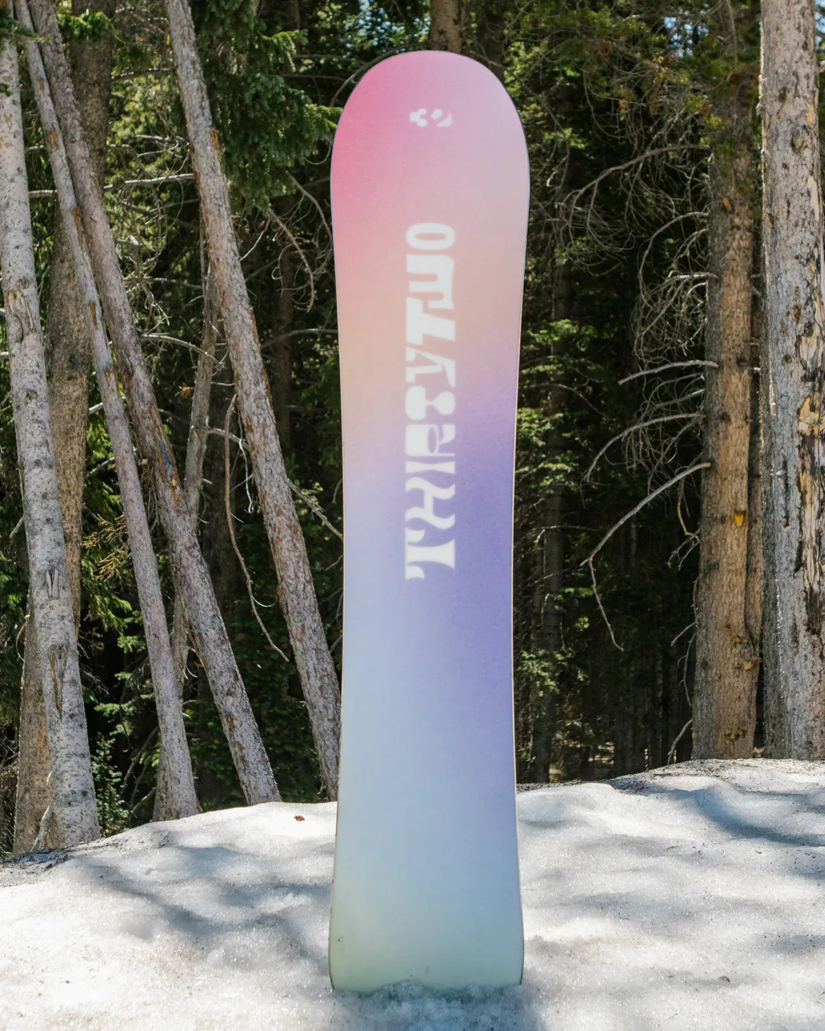 ThirtyTwo Reiki wit-roze, board rechtop in de sneeuw voor de bomen