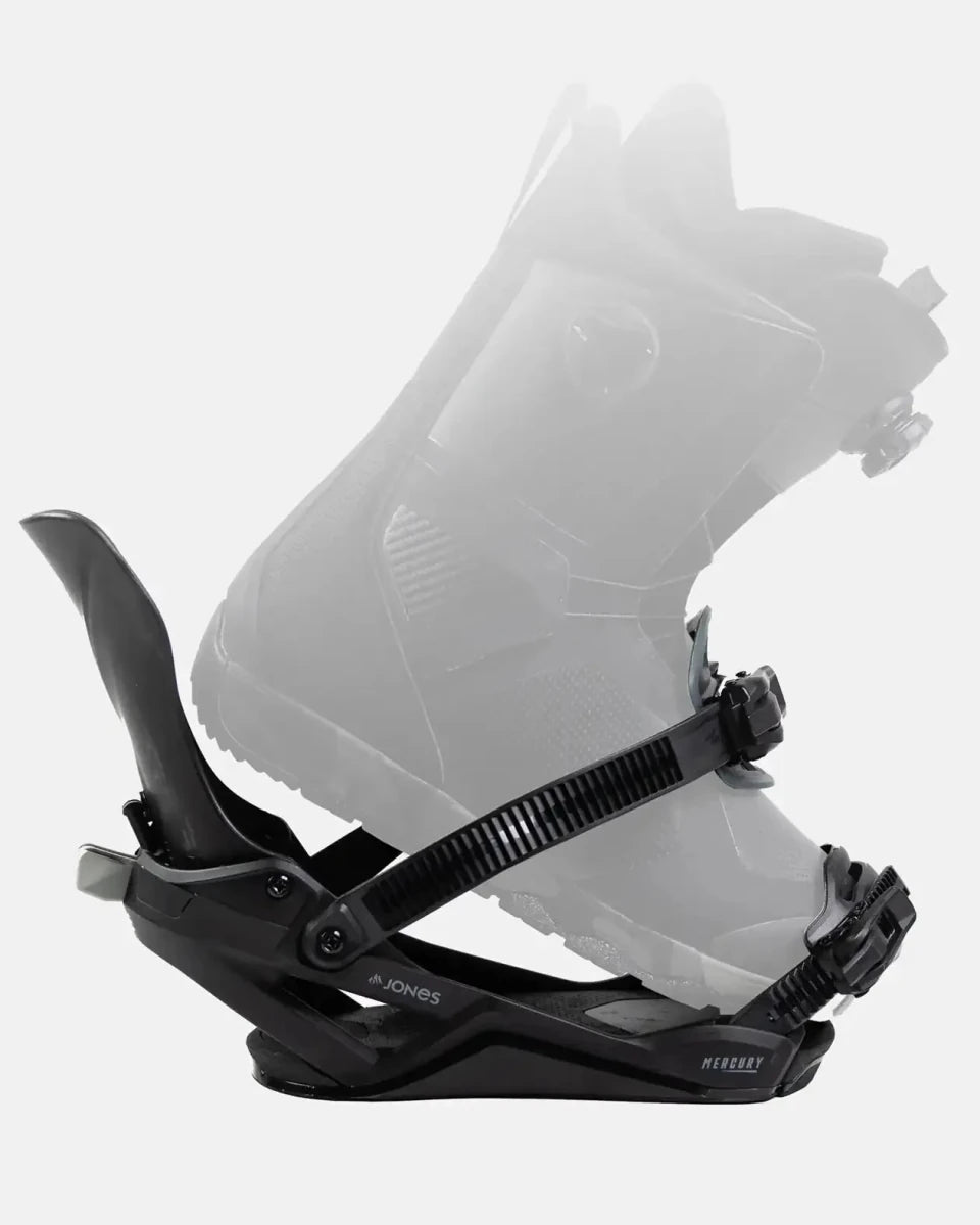 Jones Mercury FASE Stealth Black, zijaanzicht met doorzichtig weergegeven snowboardboot