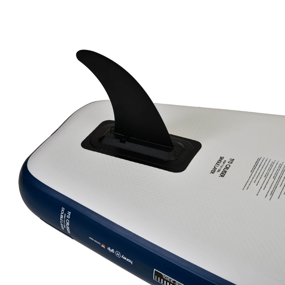 Close-up van het opblaasventiel van de STX iSup Cruiser met maximale-drukaanduiding