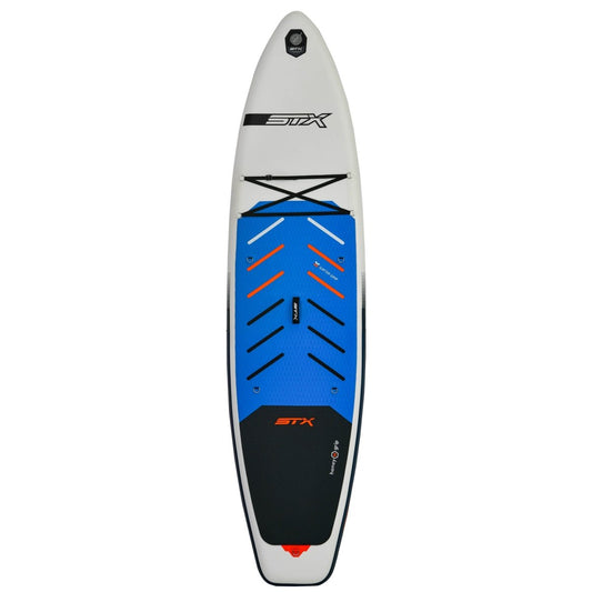 STX iSup Cruiser SUP-board - bovenaanzicht met blauw Gator Grip deckpad en sjorbanden op de neus