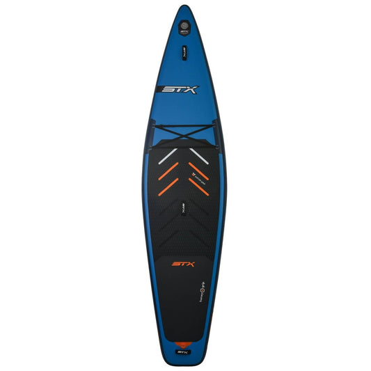 STX iSup Tourer SUP-board - bovenaanzicht met blauw Gator Grip deckpad en sjorbanden op de neus